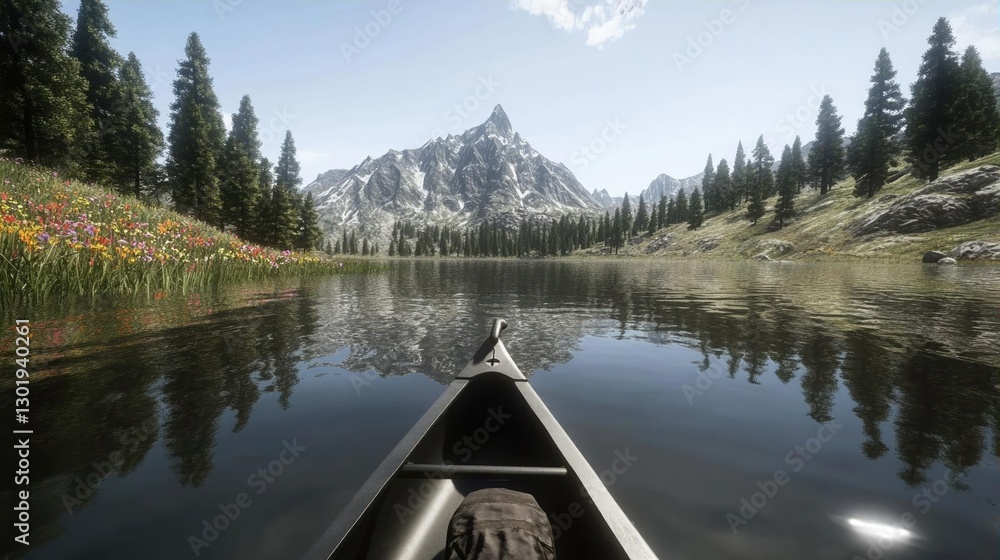 Scenic Canoe Journey on Serene Lake Surrounded by Majestic Mountains Scenic Canoe Journey on Serene Lake Surrounded by Majestic Mountains