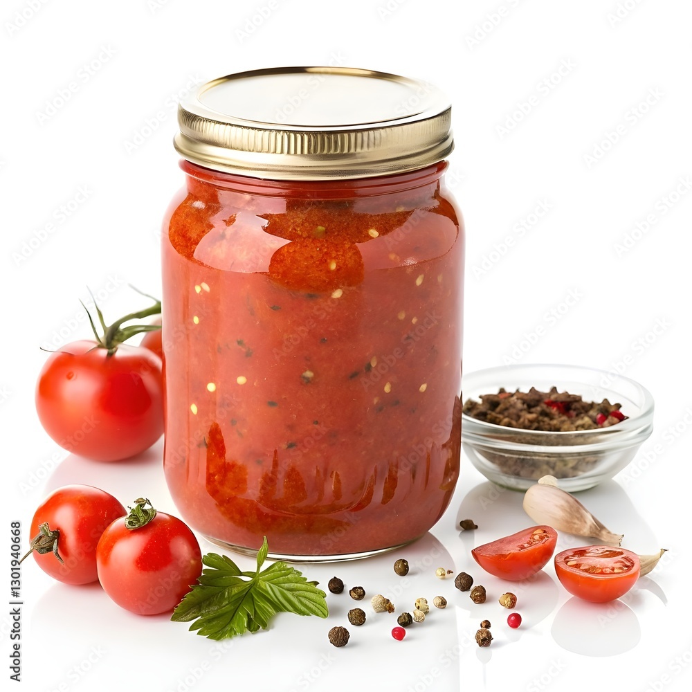 Homemade Tomato Sauce in a Glass Jar with Metallic Lid: Chunky Texture and Spices Homemade Tomato Sauce in a Glass Jar with Metallic Lid: Chunky Texture and Spices