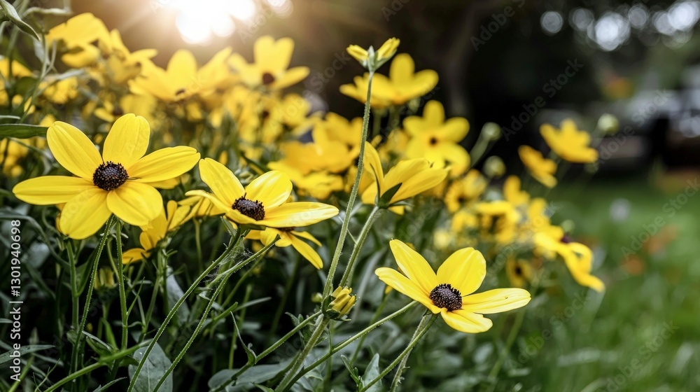 Fototapeta premium Sunlit Yellow Wildflowers Meadow Blooming Nature Spring Summer