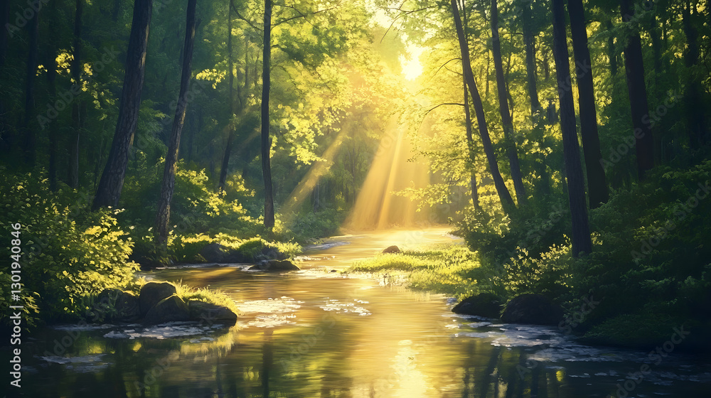 Obraz premium A forest path bathed in warm light filtering through the trees.