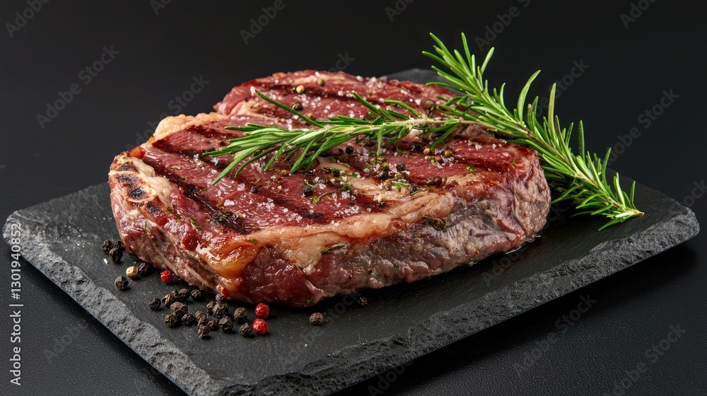 Grilled ribeye steak with rosemary on black slate. Grilled ribeye steak with rosemary on black slate.