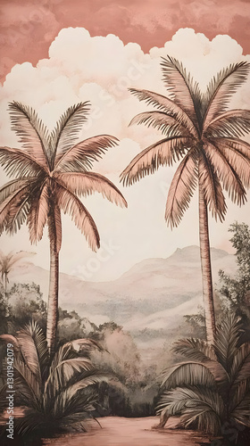 Illustration Tropical Paradise Palm Trees, Mountains, Clouds