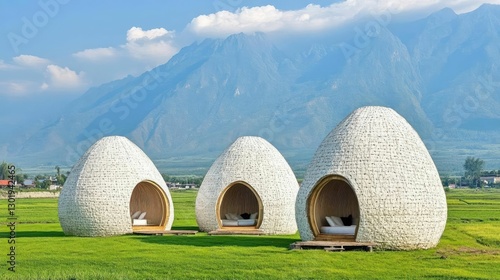Unique Egg-Shaped Cabins in Scenic Green Landscape with Mountains