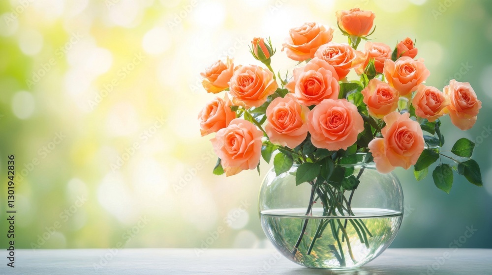 Fototapeta premium A Bouquet Of Peach Roses In A Clear Glass Vase