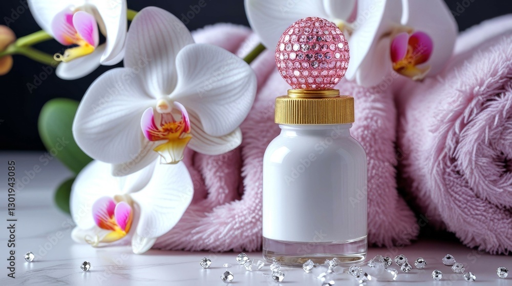 A bottle of perfume is on a table next to a bunch of white flowers and a pink towel A bottle of perfume is on a table next to a bunch of white flowers and a pink towel