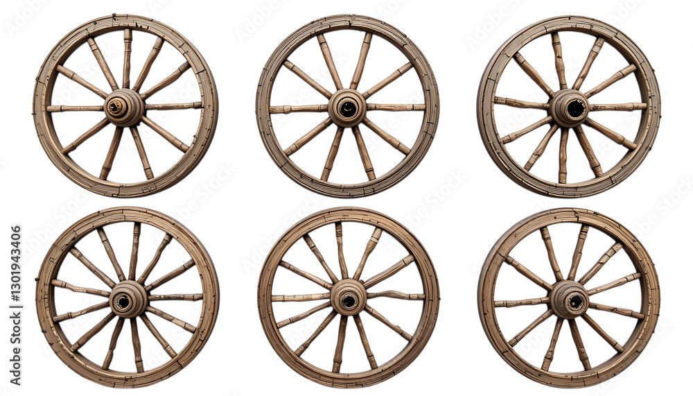 Fototapeta premium Collection of antique weathered wooden wagon wheels png