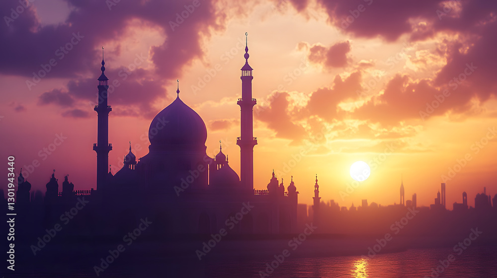 Obraz premium A beautiful sunset behind a mosque, with a peaceful and reflective atmosphere.