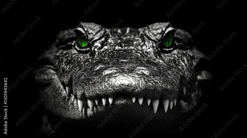 Naklejka premium A mesmerizing black-and-white close-up reveals a crocodile’s mouth agape, showcasing razor-sharp teeth. Intricate dotted patterns texture the interior, adding depth and mystery to its fierce visage