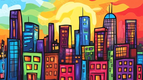 Wallpaper Mural Vibrant City Skyline at Sunset With Colorful Buildings Under a Bright Sky Torontodigital.ca