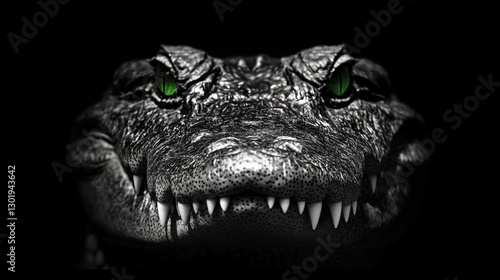 A mesmerizing black-and-white close-up reveals a crocodile’s mouth agape, showcasing razor-sharp teeth. Intricate dotted patterns texture the interior, adding depth and mystery to its fierce visage