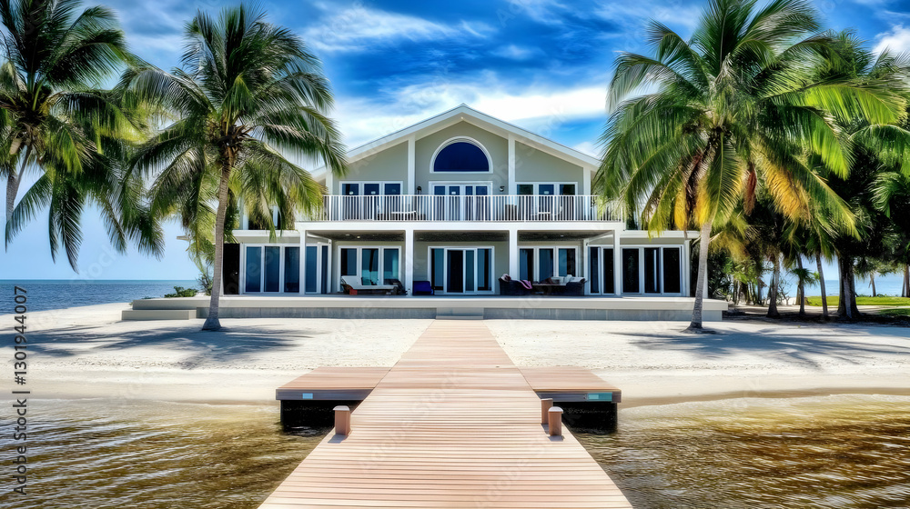 Fototapeta premium Photo Tropical Beach House, Oceanfront, Palm Trees, Dock, Luxury