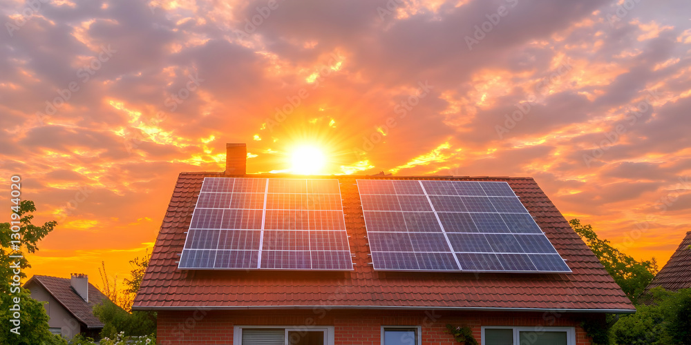 Fototapeta premium Photo of Solar Panels on Roof at Sunset Renewable Energy