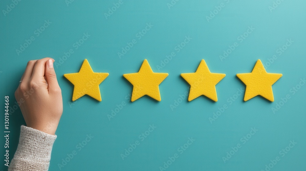 Hand Arranging Bright Yellow Stars on a Turquoise Background for Rating or Review Concept Hand Arranging Bright Yellow Stars on a Turquoise Background for Rating or Review Concept