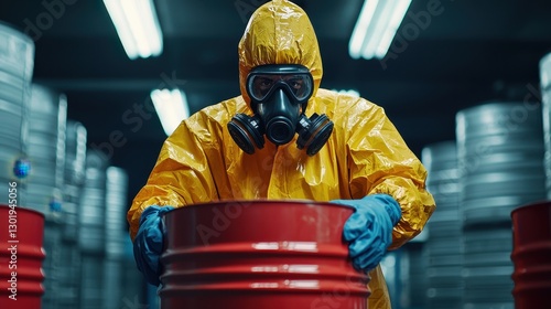 Worker in Protective Gear Examines Chemical Drum in Industrial Storage Facility