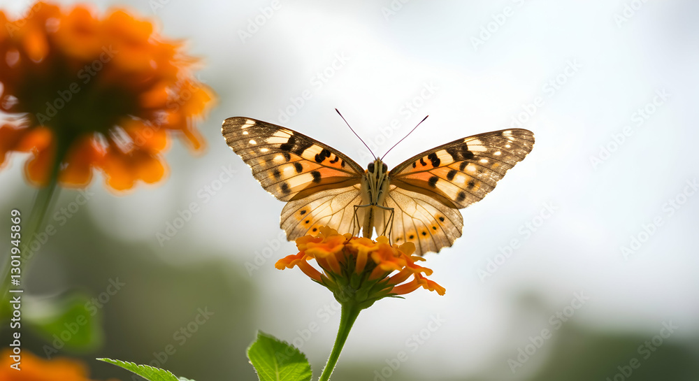 Fototapeta premium Butterfly Resting on Orange Flower in a Sunny Garden Setting