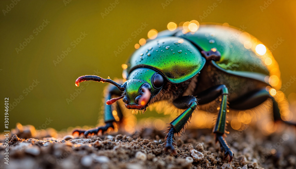 Fototapeta premium Shiny green beetle crawling on sandy soil