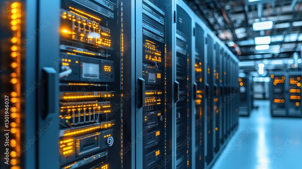 Row of illuminated server racks in a modern data center with advanced networking technology Row of illuminated server racks in a modern data center with advanced networking technology