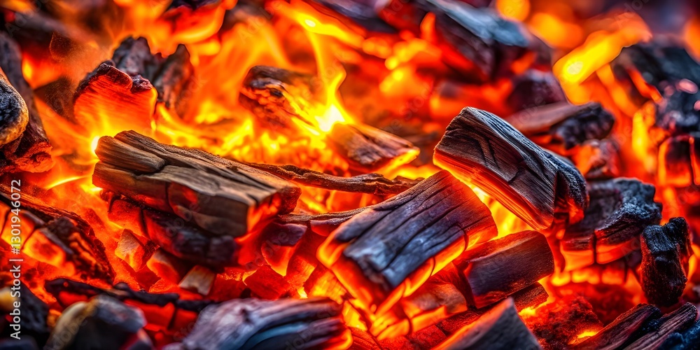 Glowing Hot Coals and Burning Embers: Close-Up of Charcoal Fire with Dramatic Lighting Glowing Hot Coals and Burning Embers: Close-Up of Charcoal Fire with Dramatic Lighting