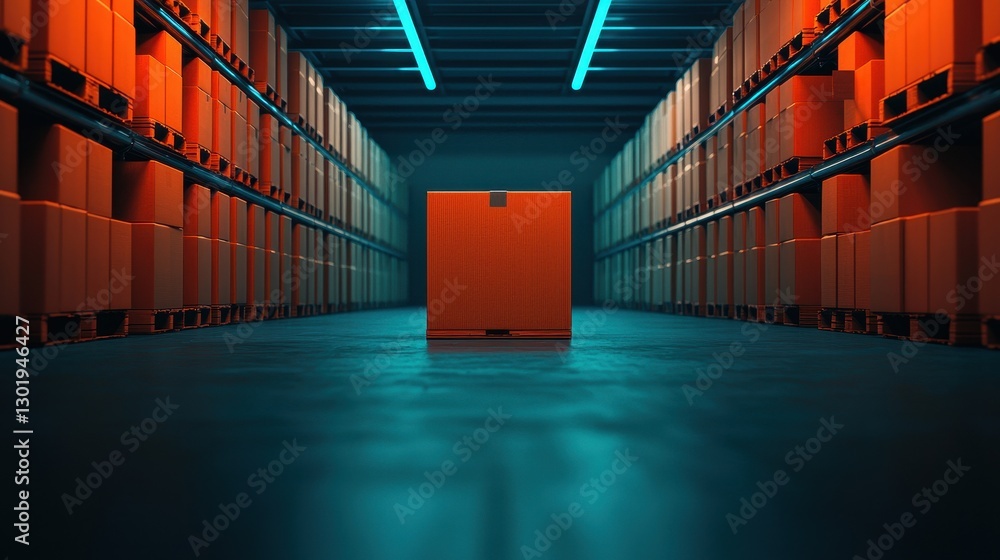 Fototapeta premium Modern Warehouse Interior with Bright Orange Storage Containers and Blue Neon Lighting Effects