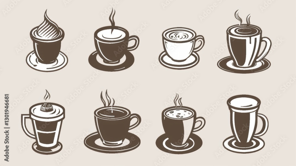 Diverse Set of Coffee - Centric Icons: Teas, Drinks, Cocoa, Cups, and Cafe Scenes Diverse Set of Coffee - Centric Icons: Teas, Drinks, Cocoa, Cups, and Cafe Scenes