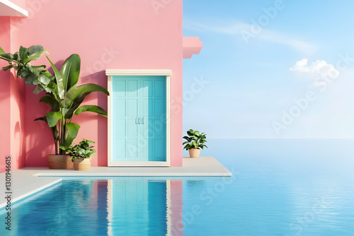 3D Illustration Pink Building, Blue Door, Pool, Ocean, Sky, Plants