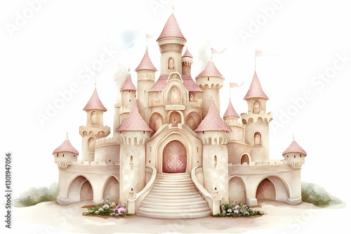 Illustration Majestic Castle Watercolor Painting, Fantasy Art