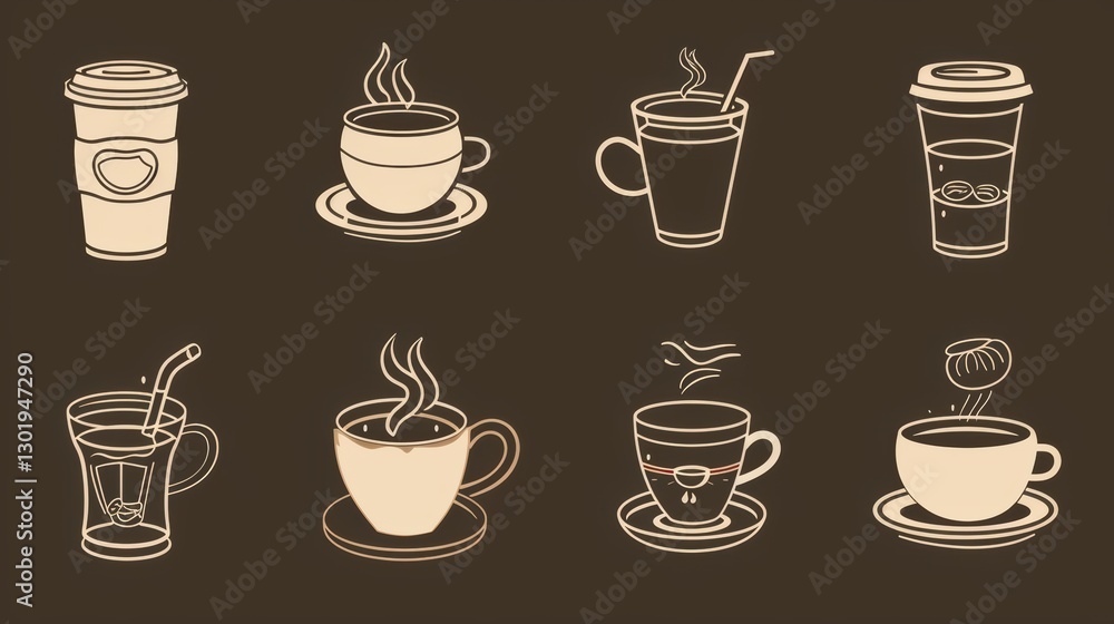 Diverse Set of Coffee - Centric Icons: Teas, Drinks, Cocoa, Cups, and Cafe Scenes Diverse Set of Coffee - Centric Icons: Teas, Drinks, Cocoa, Cups, and Cafe Scenes