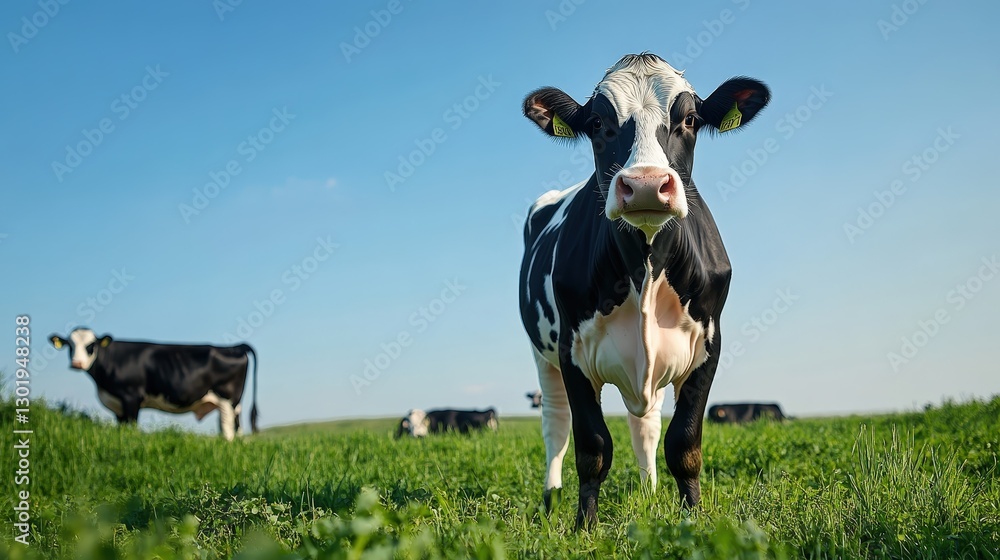 A majestic black and white cow stands amidst verdant grass, gazing elegantly from left to right, capturing serene simplicity in nature's embrace A majestic black and white cow stands amidst verdant grass, gazing elegantly from left to right, capturing serene simplicity in nature's embrace