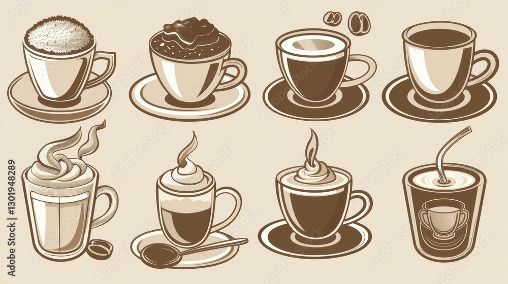 Diverse Set of Coffee - Centric Icons: Teas, Drinks, Cocoa, Cups, and Cafe Scenes Diverse Set of Coffee - Centric Icons: Teas, Drinks, Cocoa, Cups, and Cafe Scenes