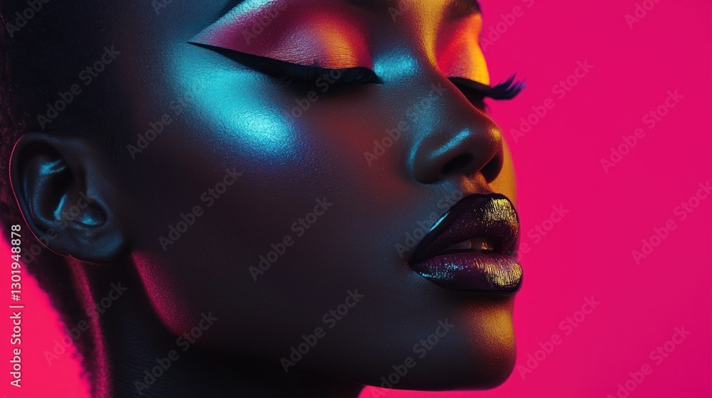 Close-up of a woman's face with vibrant makeup and lighting. Close-up of a woman's face with vibrant makeup and lighting.