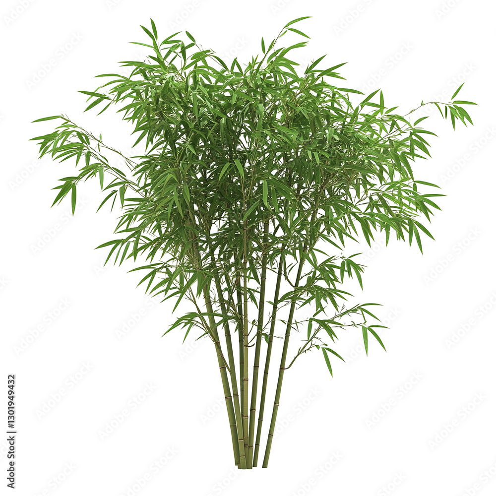 This image depicts an isolated bamboo plant with dense green foliage and many long slender leaves. This image depicts an isolated bamboo plant with dense green foliage and many long slender leaves.