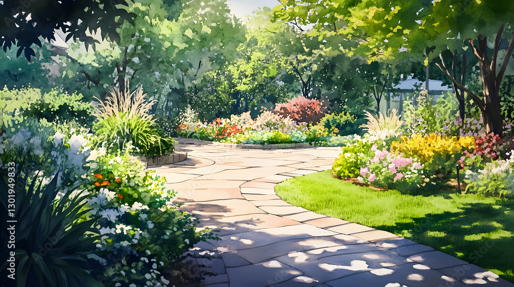 Obraz premium A peaceful, overgrown path with vibrant plants and flowers, offering a calm retreat.
