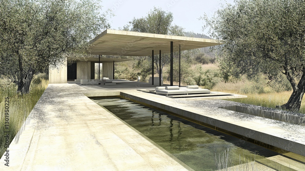 Modern poolside pavilion, olive grove setting, architectural rendering Modern poolside pavilion, olive grove setting, architectural rendering