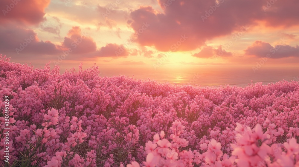A field of pink 'Magic Carpet' flowers overlooking the Pacific Ocean, with dramatic clouds and golden-hour light A field of pink 'Magic Carpet' flowers overlooking the Pacific Ocean, with dramatic clouds and golden-hour light