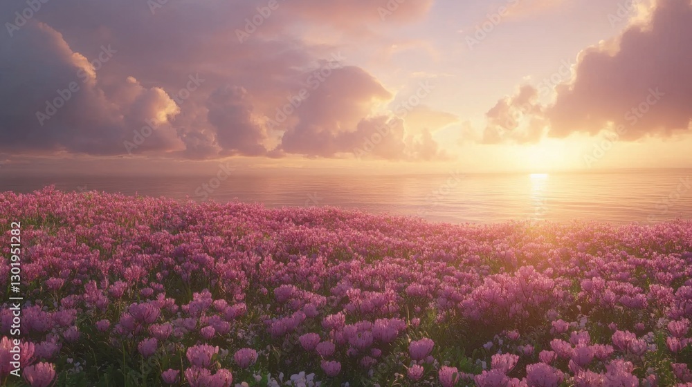 Fototapeta premium A field of pink 'Magic Carpet' flowers overlooking the Pacific Ocean, with dramatic clouds and golden-hour light