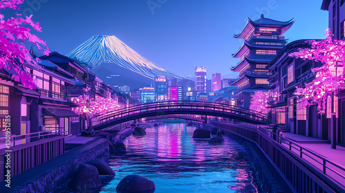 Serene night view of cherry blossoms with Mount Fuji and colorful city lights.