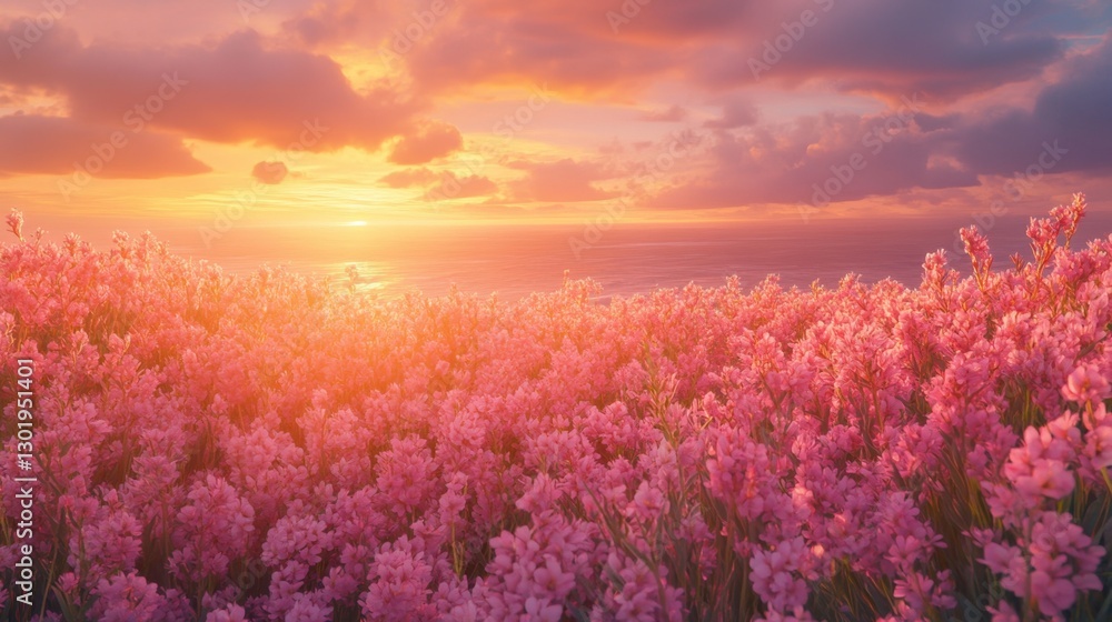 A field of pink 'Magic Carpet' flowers overlooking the Pacific Ocean, with dramatic clouds and golden-hour light A field of pink 'Magic Carpet' flowers overlooking the Pacific Ocean, with dramatic clouds and golden-hour light