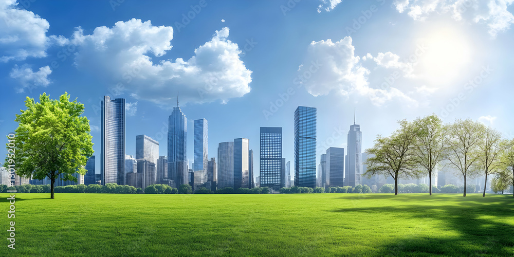 Fototapeta premium Photorealistic Cityscape Green Space Urban Nature Architecture Grass Trees Sky Clouds Sunlight