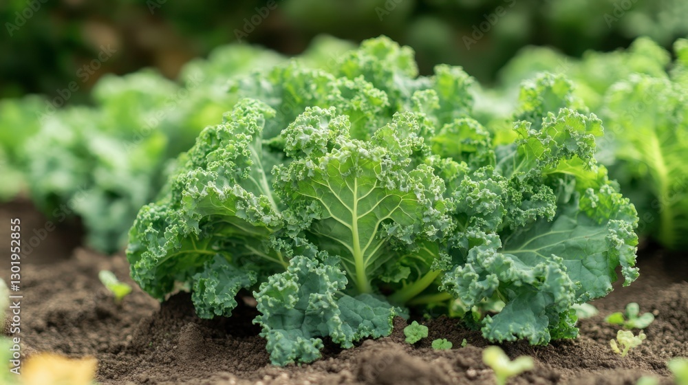Fresh Green Kale Leaves Growing in Organic Vegetable Garden Soil Fresh Green Kale Leaves Growing in Organic Vegetable Garden Soil