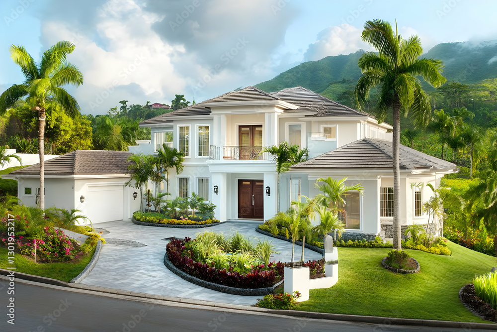 Fototapeta premium Photo Tropical Luxury Home Estate Palm Trees Landscape Architecture Design