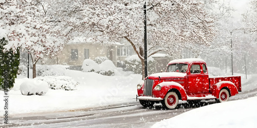 Photo Red Truck Snowy Winte...