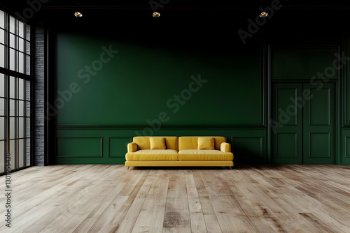 Fototapeta Naklejka Na Ścianę i Meble -  3D Illustration Green Room Yellow Sofa Interior Design Modern Home Decor Architecture