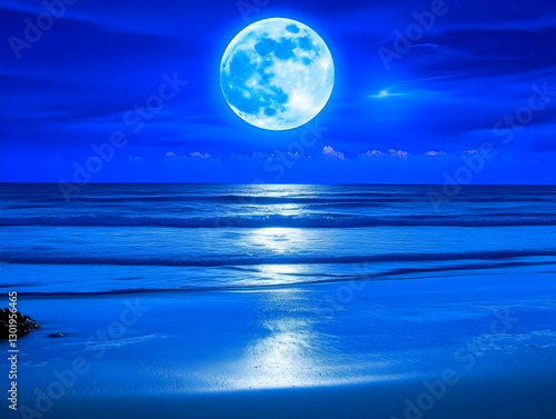 Illustration - Moonlit Ocean Beach Night Sky Clouds Waves Shore Serenity