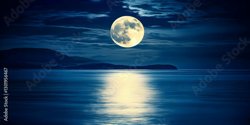Moonlight Ocean Illustration - Night, Moon, Sea, Sky, Clouds, Landscape, Reflection, Water, Mountains