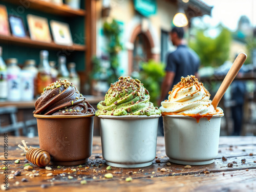 Vielfältige Eiskreationen in Schalen mit Toppings und Saucen