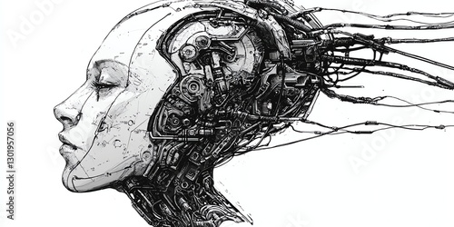 Black and white illustration of a mythological head, hybridized parts, technical drawing style, futuristic design