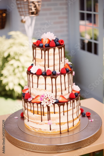 Dreistöckige Torte mit Beeren und Schokoladenglasur im Freien.