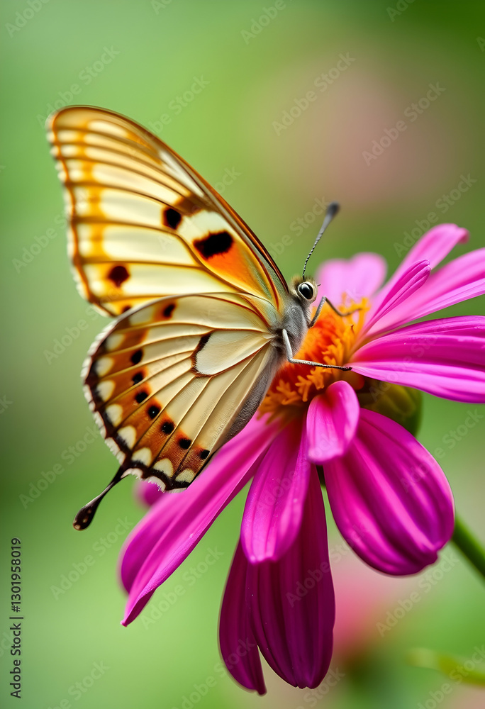 Naklejka premium Butterfly Resting on Bright Pink Flower in Garden Setting