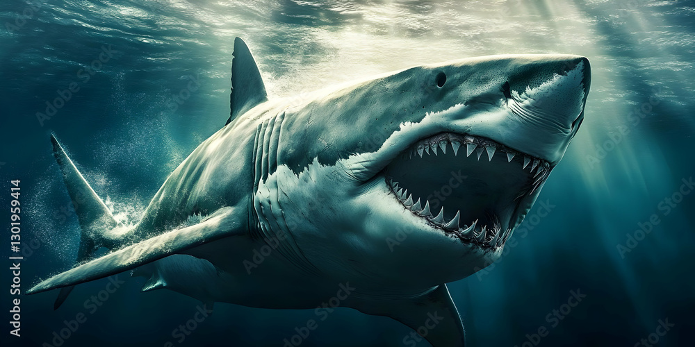 Naklejka premium 3D Illustration Great White Shark Underwater Jaws Teeth Ocean Predator