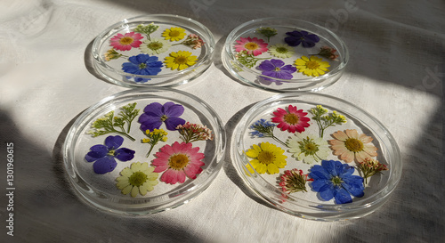 Beautiful handmade resin coasters with pressed colorful flowers floral on transparent background diy